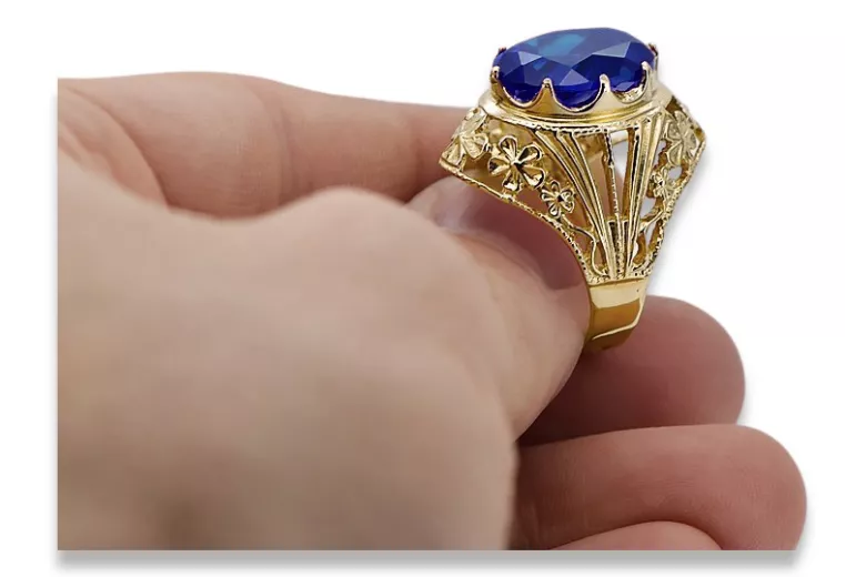 Sapphire 8 كارت من الذهب الأصفر خاتم حرف يدوية فينتاج vrc031x-sp Art Deco أسلوب مجوهرات فينتاج روسي سوفيتي من اتحاد الجمهوريات ا
